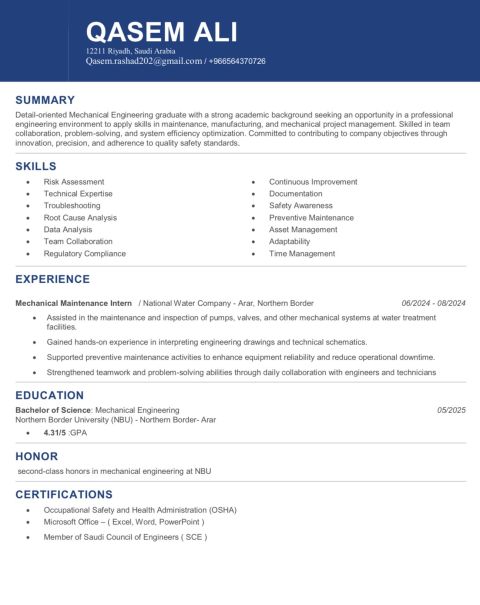 مهندس ميكانيك حديث التخرج